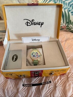 Disney Gold-Bezel Minnie & Daisy Watch with Green Strap